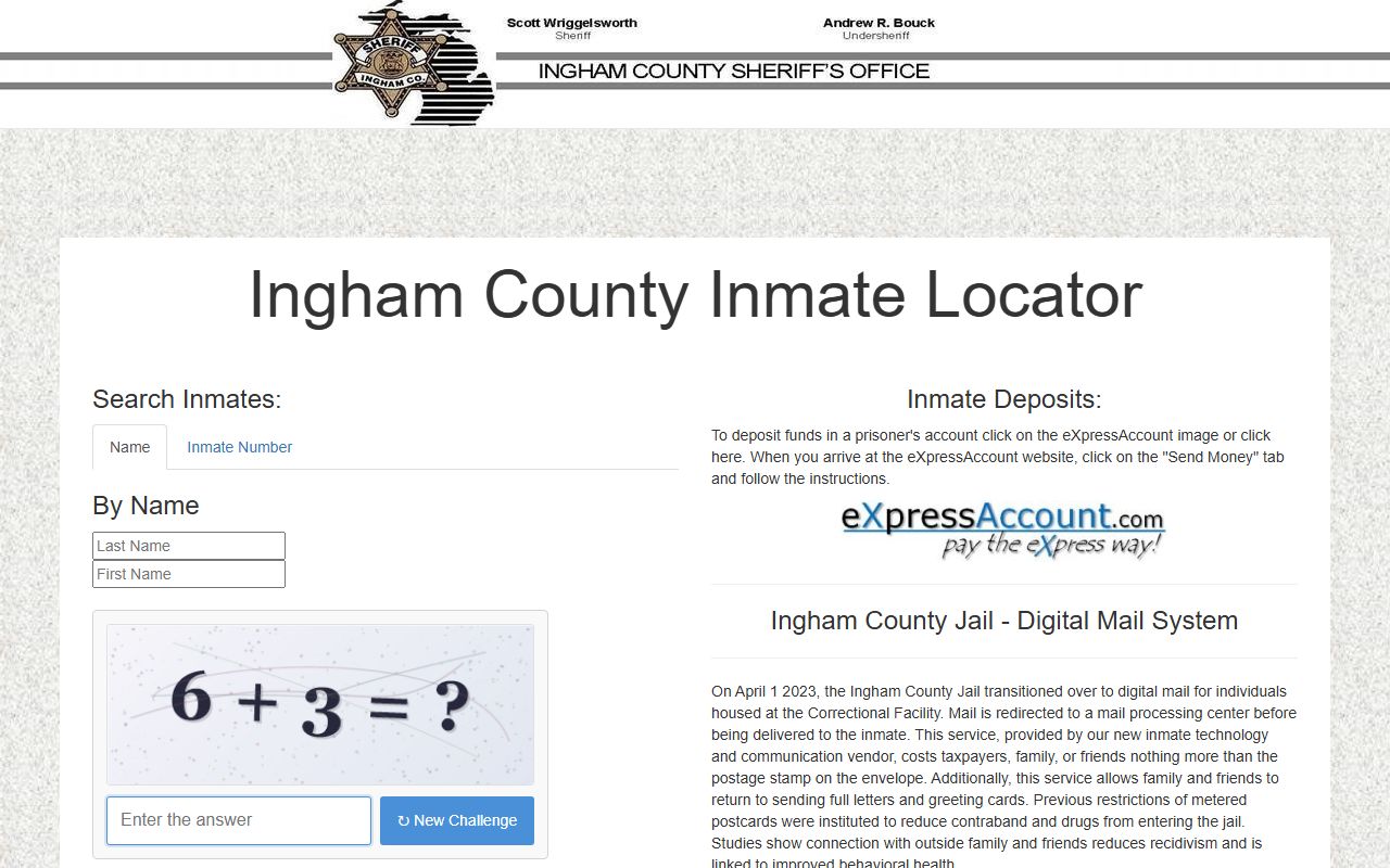 Ingham County inmate population locator search form
