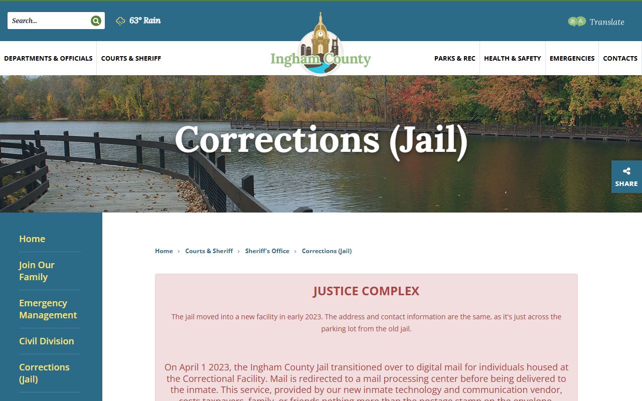 Ingham County inmate population corrections page and Justice Complex information