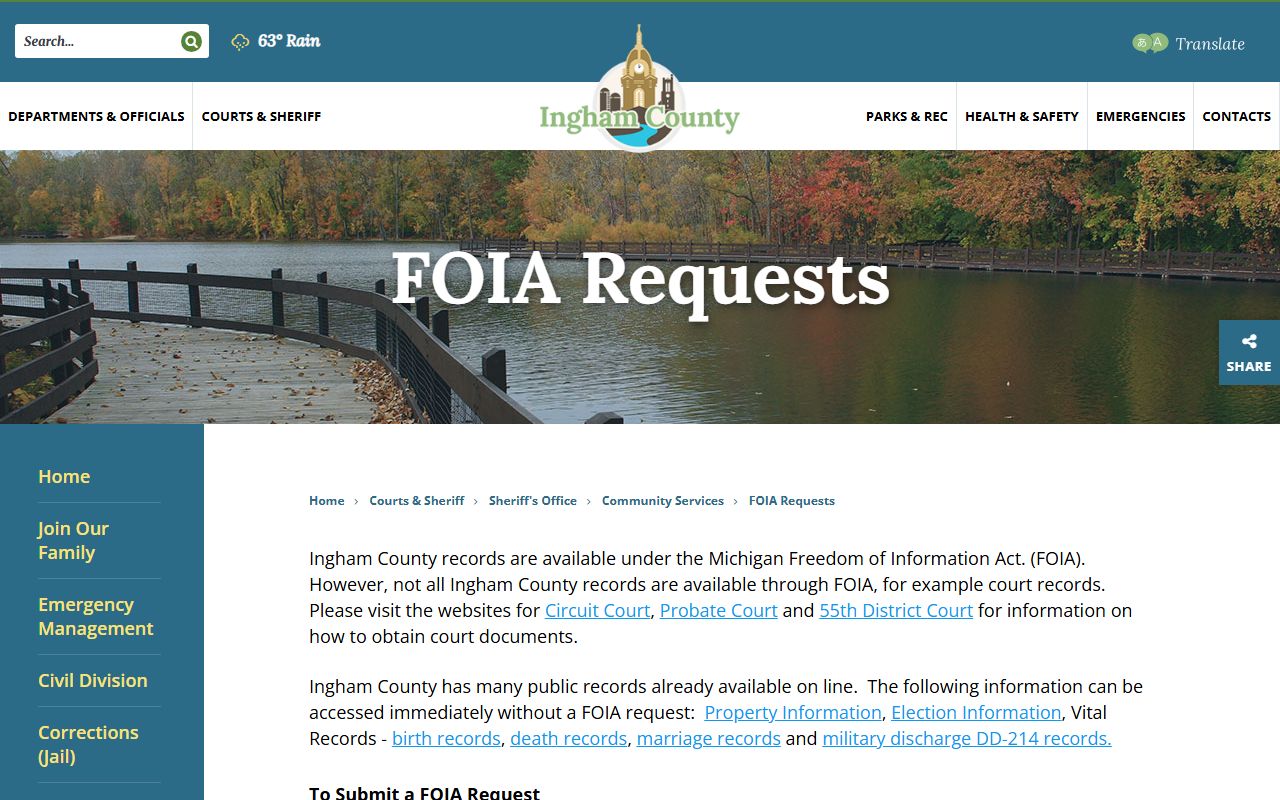 Ingham County FOIA page for jail mugshot and booking photo requests
