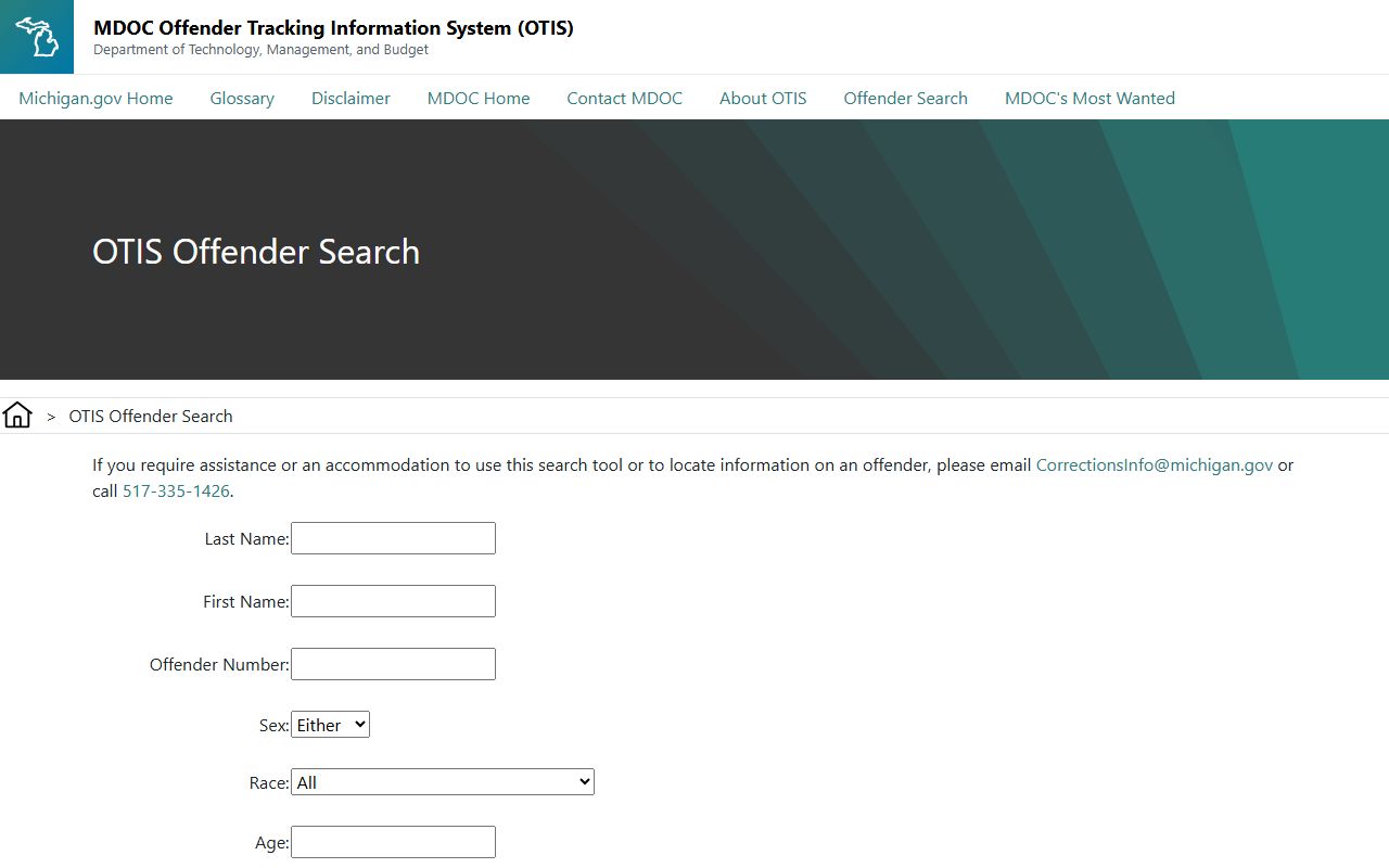 Michigan OTIS search fields for Ingham County inmate records after state transfer